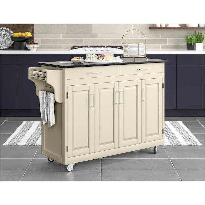 White Kitchen Cart with Black Granite Top
