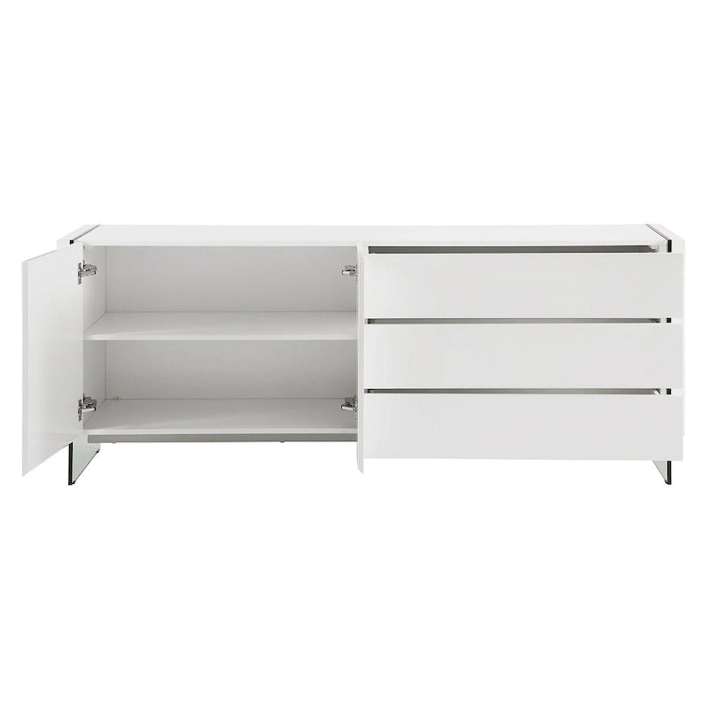 IL VETRO buffet-server in high gloss white lacquer with clear glass.