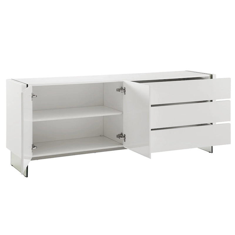 IL VETRO buffet-server in high gloss white lacquer with clear glass.