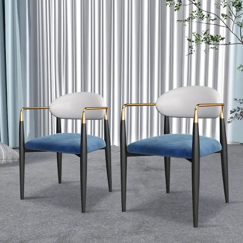 Modern Dining Chairs with Velvet Accent, Arm Chairs with PU Leather Back Pull and Metal Leg