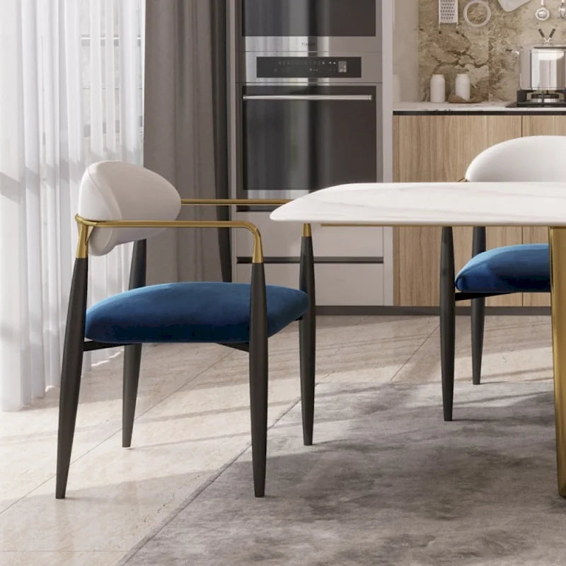 Modern Dining Chairs with Velvet Accent, Arm Chairs with PU Leather Back Pull and Metal Leg