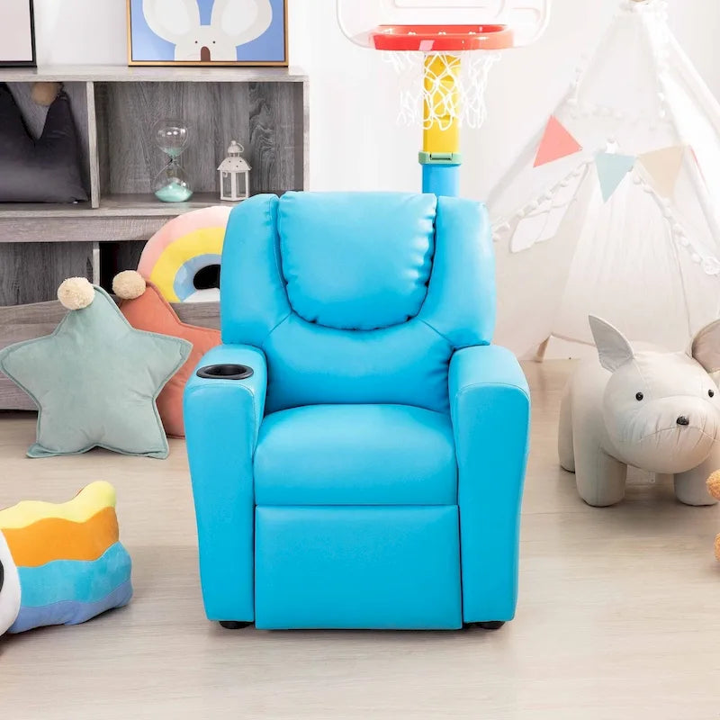 PVC Kids Recliner Chair with Push-Back Reclining Function, Cup Holder, and Comfortable Footres