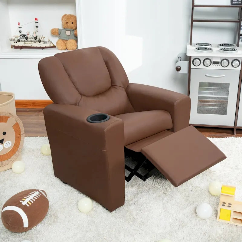 PVC Kids Recliner Chair with Push-Back Reclining Function, Cup Holder, and Comfortable Footres