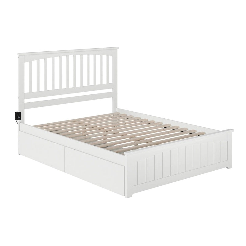 Mission Queen Platform Bed with Matching Foot Board with 2 Urban Bed Drawers in White