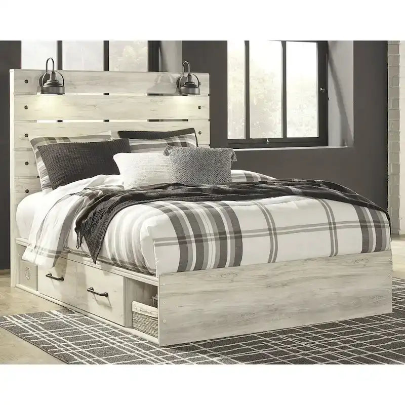 Cambeck Whitewash Panel Bed With 2 Under Bed Storage Drawers