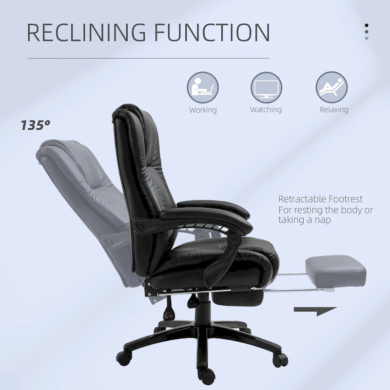 Vinsetto Executive Home Office Chair Padded High Back PU Leather Recliner with Retractable Footrest, Adjustable Height, Black