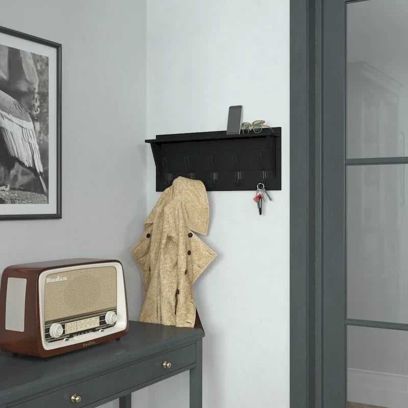 Wall Mounted Storage Rack with Upper Shelf and Storage Hooks