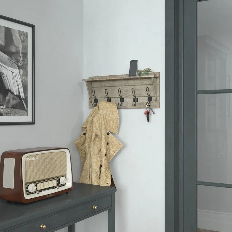 Wall Mounted Storage Rack with Upper Shelf and Storage Hooks