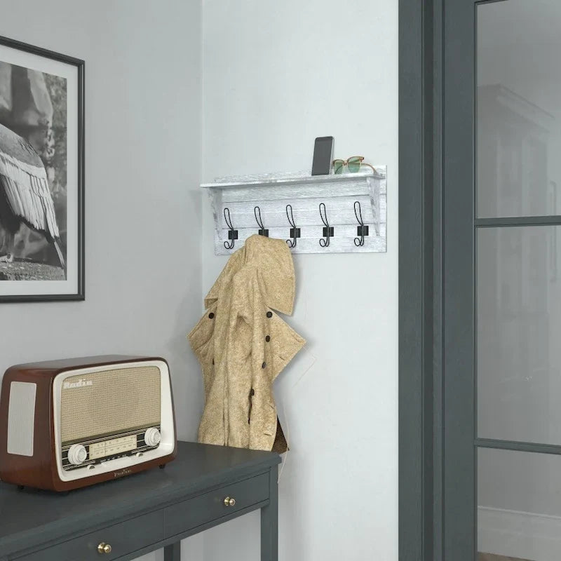 Wall Mounted Storage Rack with Upper Shelf and Storage Hooks