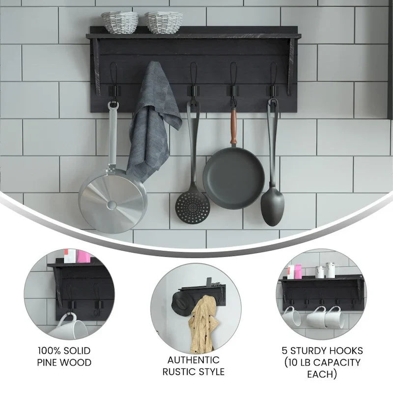 Wall Mounted Storage Rack with Upper Shelf and Storage Hooks