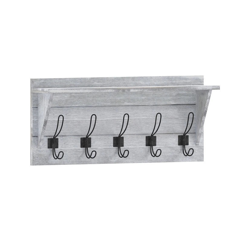 Wall Mounted Storage Rack with Upper Shelf and Storage Hooks
