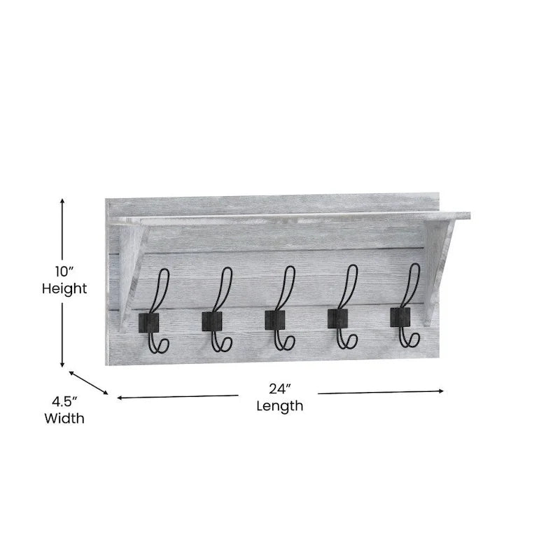 Wall Mounted Storage Rack with Upper Shelf and Storage Hooks