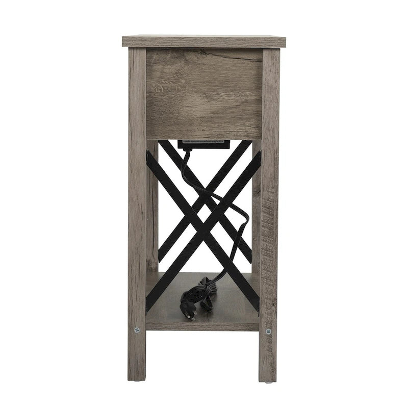 Farmhouse Flip Top Nightstand End Table W/Drawer 2AC Outlets 2USB