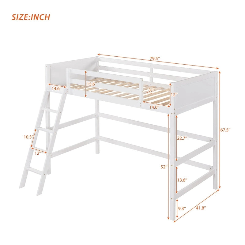 Solid Wood Twin Size Loft Bed with Ladder