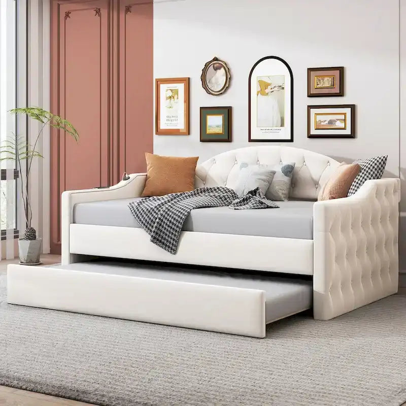 Gepolstertes Tagesbett in Twin-Size mit Rautensteppung und Ausziehbett, Samt-Schlafsofa mit USB- & Typ-C-Ladeanschlüssen, kein Lattenrost erforderlich