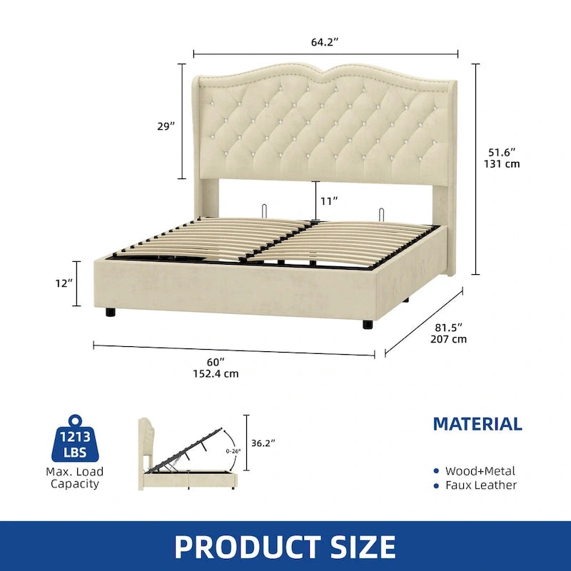 Moasis Queen Lift Up Storage Bed with Headboard 51.6Tall