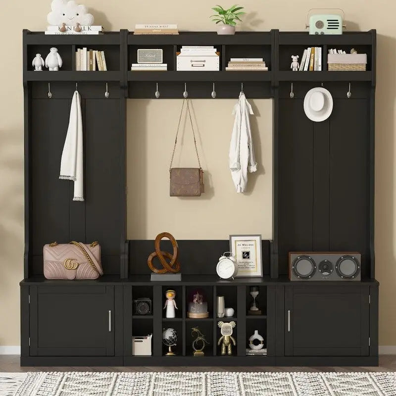 4-IN-1 Multi-functional Hall Tree Entryway Bench with Coat Rack and Shoe Cubbies