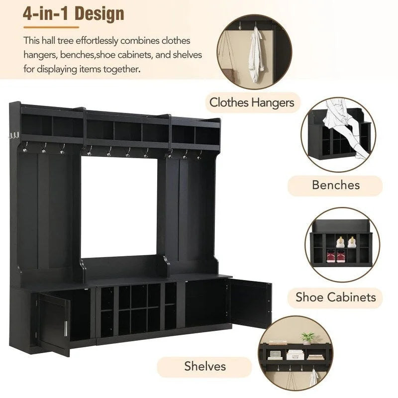 4-IN-1 Multi-functional Hall Tree Entryway Bench with Coat Rack and Shoe Cubbies