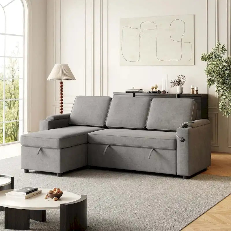 85.8 Upholstery Sleeper Sectional Sofa Pull Out Sofa Bed with Storage Space