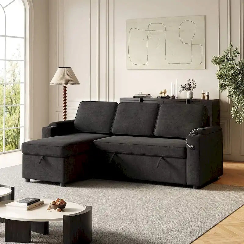85.8 Upholstery Sleeper Sectional Sofa Pull Out Sofa Bed with Storage Space