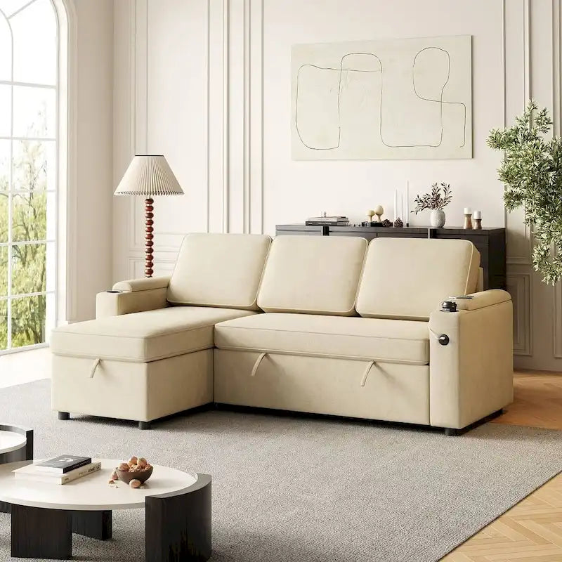 85.8 Upholstery Sleeper Sectional Sofa Pull Out Sofa Bed with Storage Space