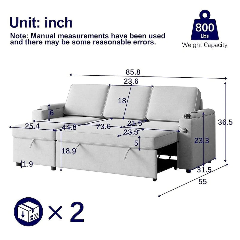 85.8 Upholstery Sleeper Sectional Sofa Pull Out Sofa Bed with Storage Space