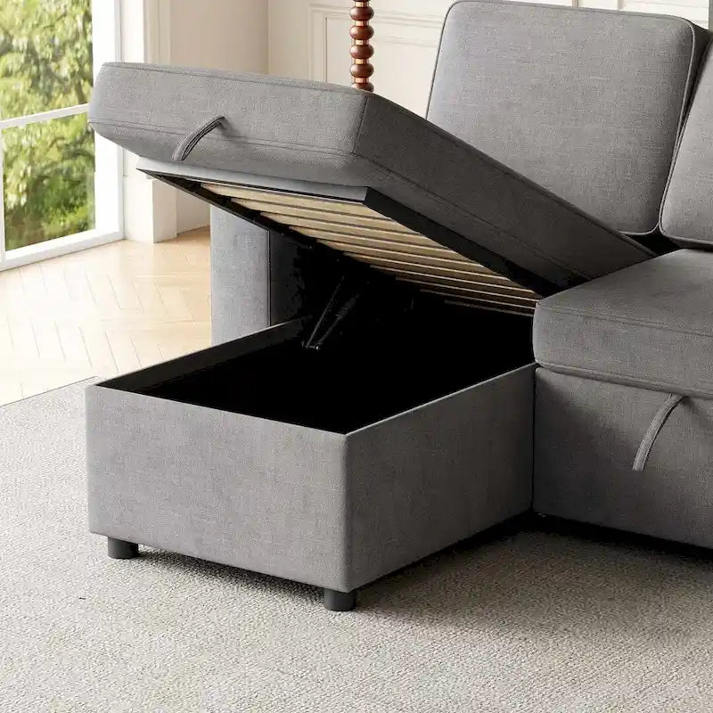 85.8 Upholstery Sleeper Sectional Sofa Pull Out Sofa Bed with Storage Space