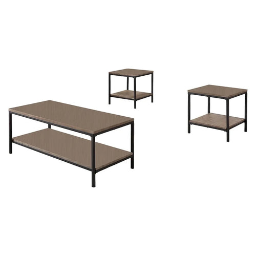 3-Piece Occasional Table Set in Gray Wood Finish with Black Metal Frame, Coffee Table & 2 End Tables