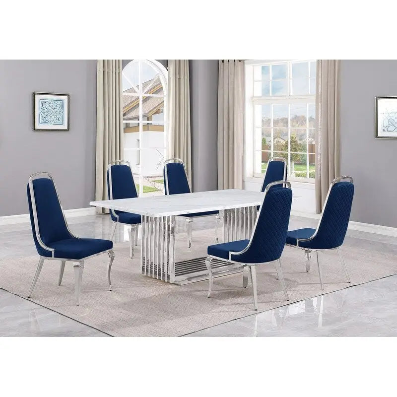 Best Quality Furniture D312/3-SC310-7 Dining Set with 79" White Marble Top
