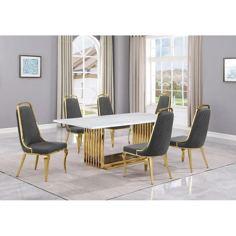 Best Quality Furniture D312/3-SC310-7 Dining Set with 79" White Marble Top