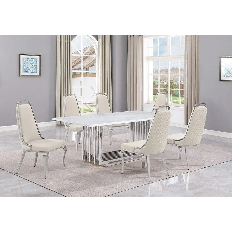 Best Quality Furniture D312/3-SC310-7 Dining Set with 79" White Marble Top