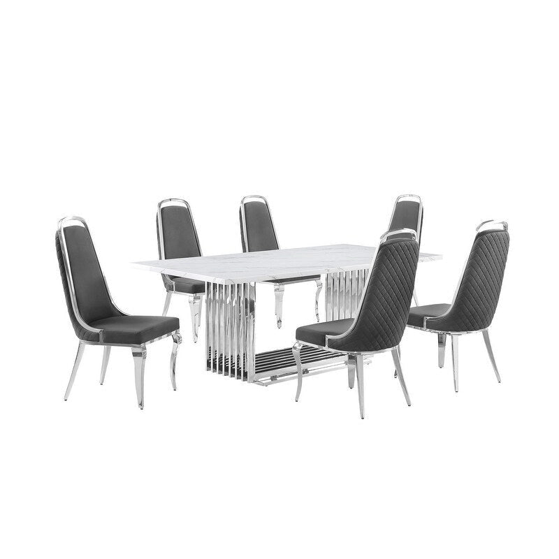 Best Quality Furniture D312/3-SC310-7 Dining Set with 79 White Marble Top
