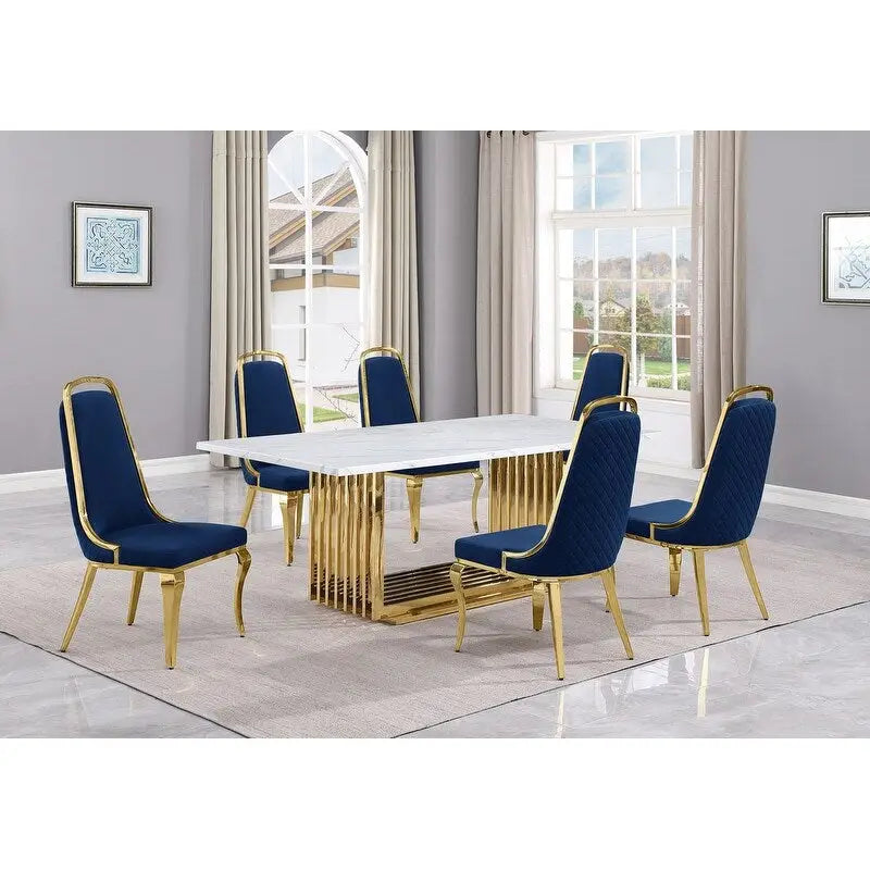 Best Quality Furniture D312/3-SC310-7 Dining Set with 79 White Marble Top