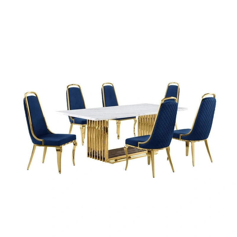 Best Quality Furniture D312/3-SC310-7 Dining Set with 79 White Marble Top