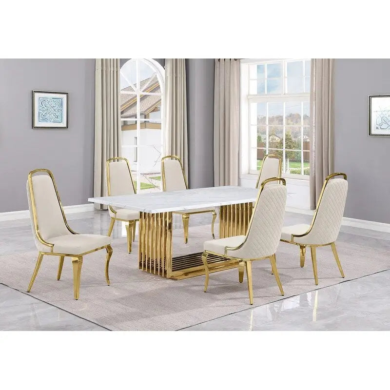Best Quality Furniture D312/3-SC310-7 Dining Set with 79 White Marble Top