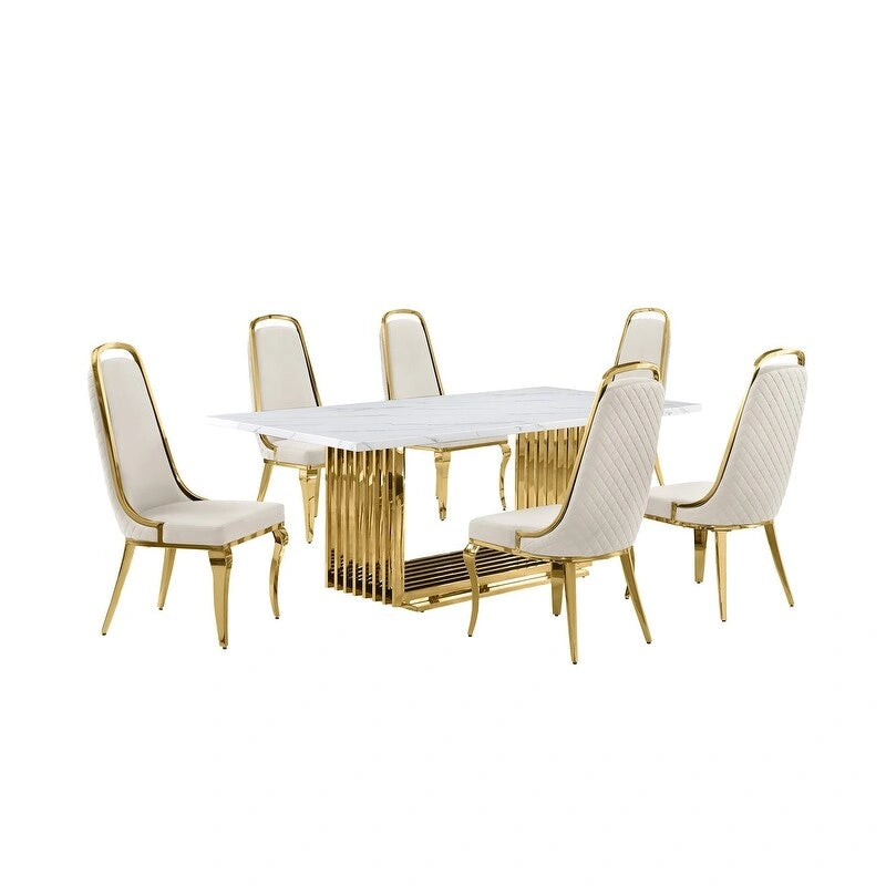 Best Quality Furniture D312/3-SC310-7 Dining Set with 79 White Marble Top