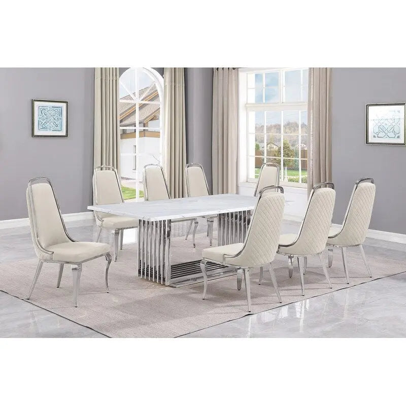 Best Quality Furniture D312/3-SC310-7 Dining Set with 79 White Marble Top