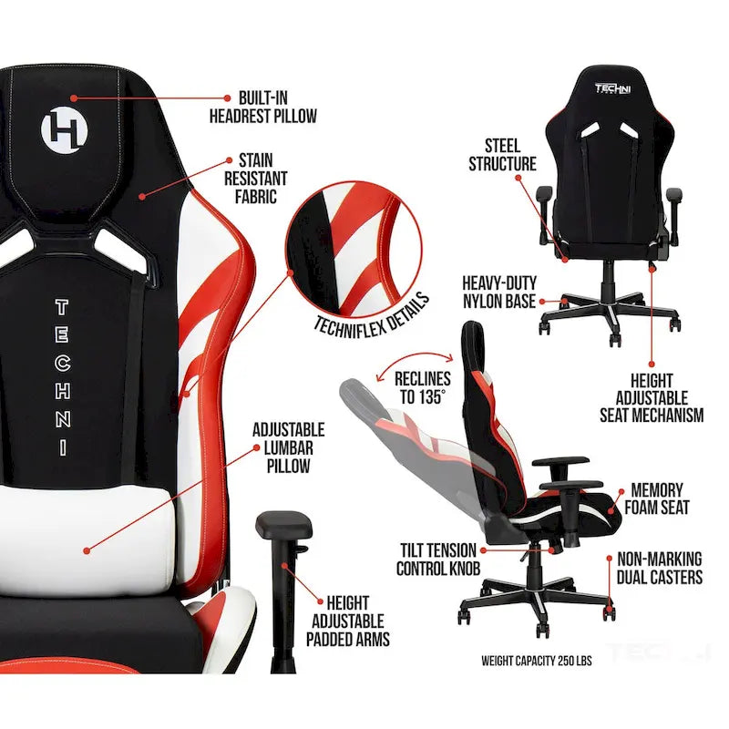 Gaming Chair With Built-In Headrest Pillow
