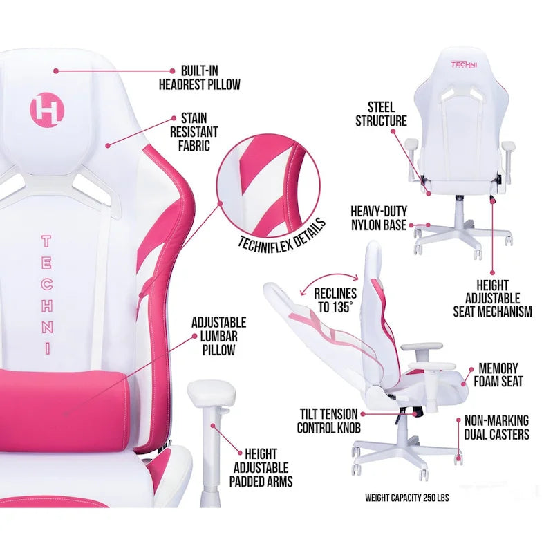 Gaming Chair With Built-In Headrest Pillow