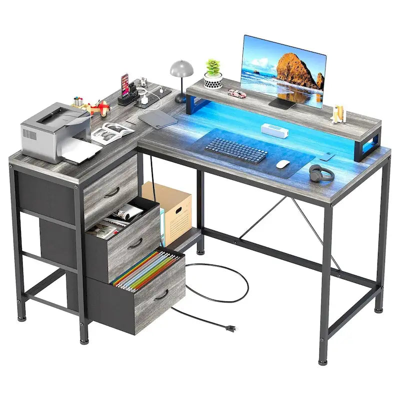L-Shaped Desk with Power Outlets & LED Lights