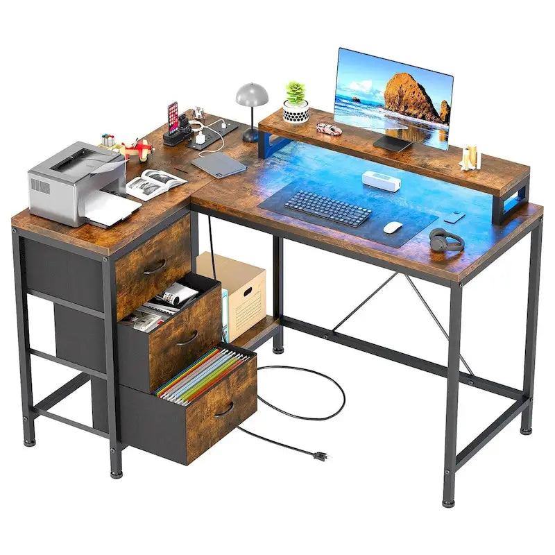 L-Shaped Desk with Power Outlets & LED Lights