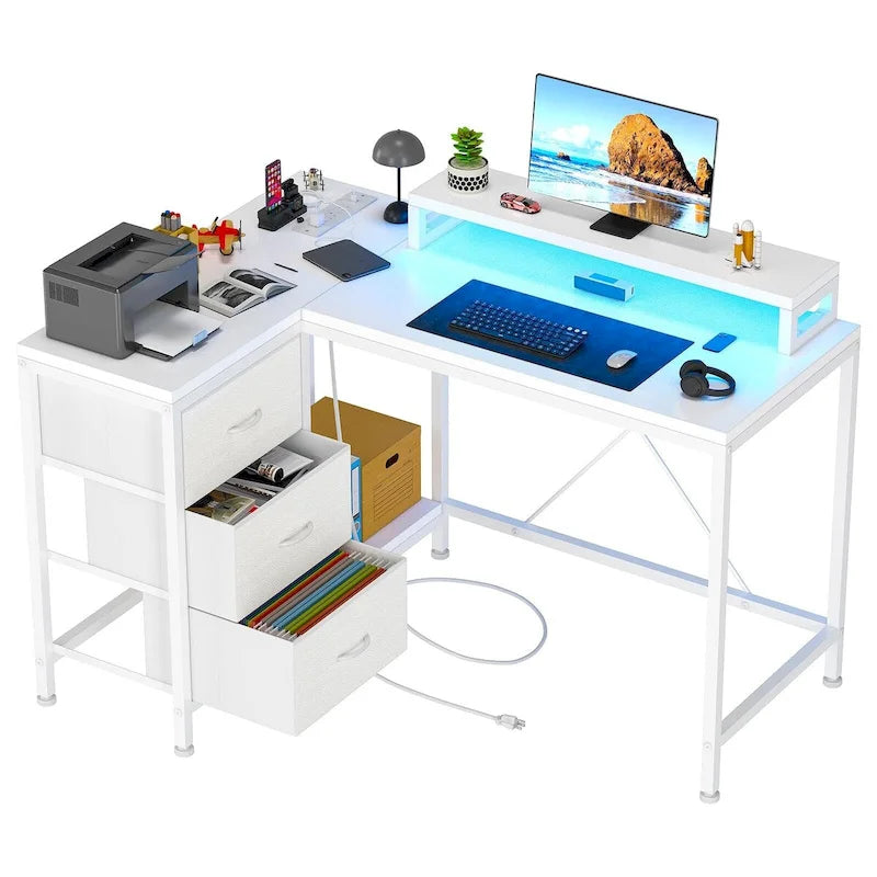 L-Shaped Desk with Power Outlets & LED Lights