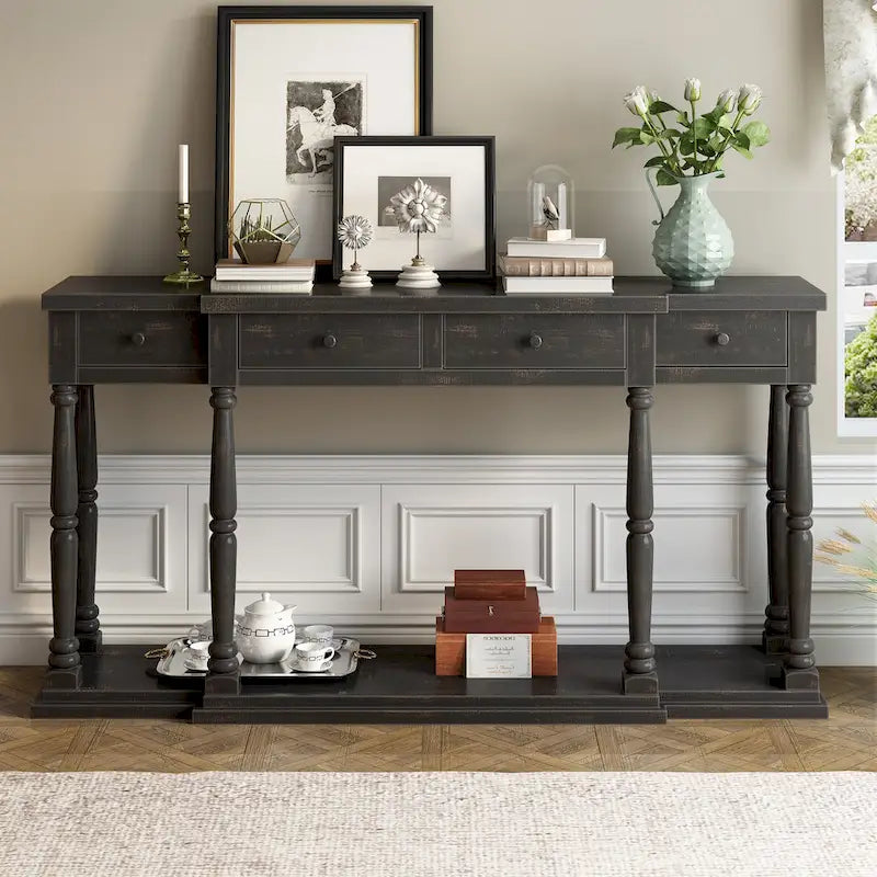 Retro Console Table with 4 Front Facing Storage Drawers and 1 Shelf