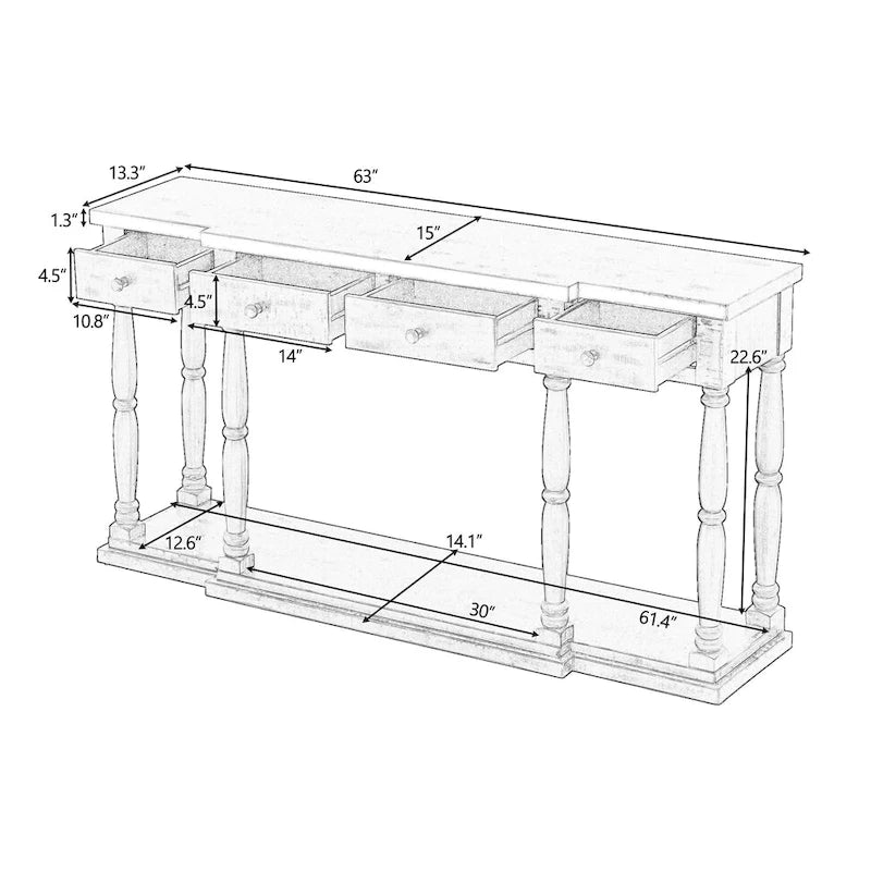 Retro Console Table with 4 Front Facing Storage Drawers and 1 Shelf