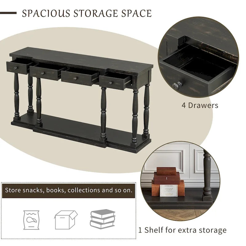 Retro Console Table with 4 Front Facing Storage Drawers and 1 Shelf