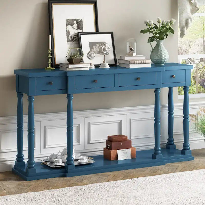 Retro Console Table with 4 Front Facing Storage Drawers and 1 Shelf