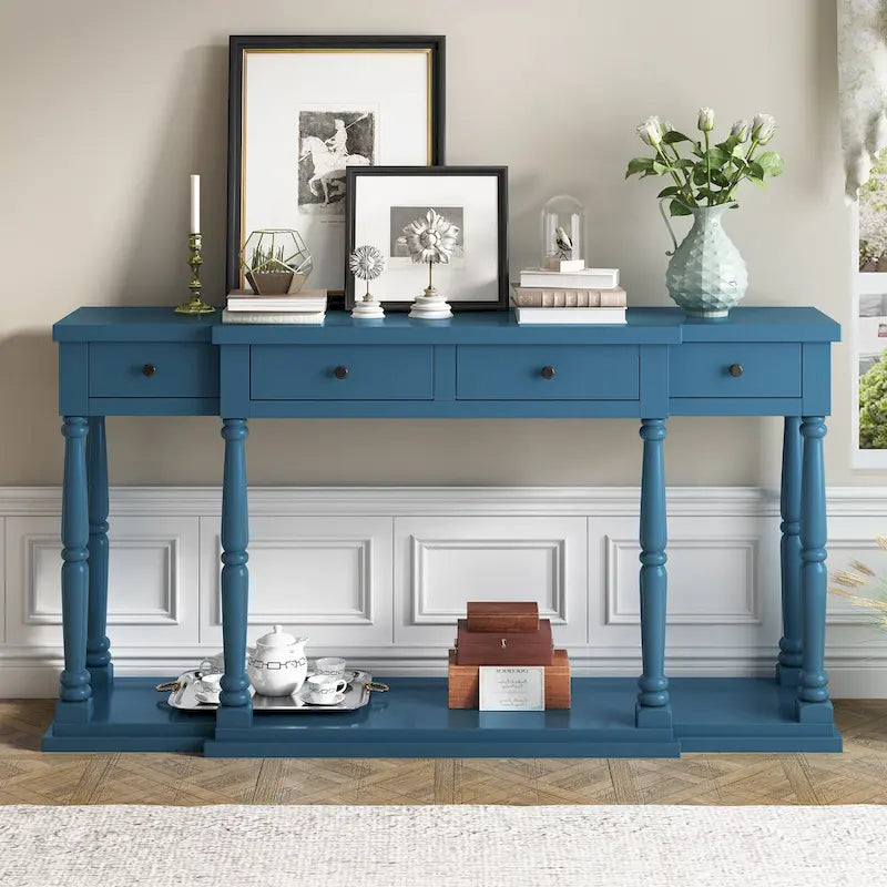 Retro Console Table with 4 Front Facing Storage Drawers and 1 Shelf