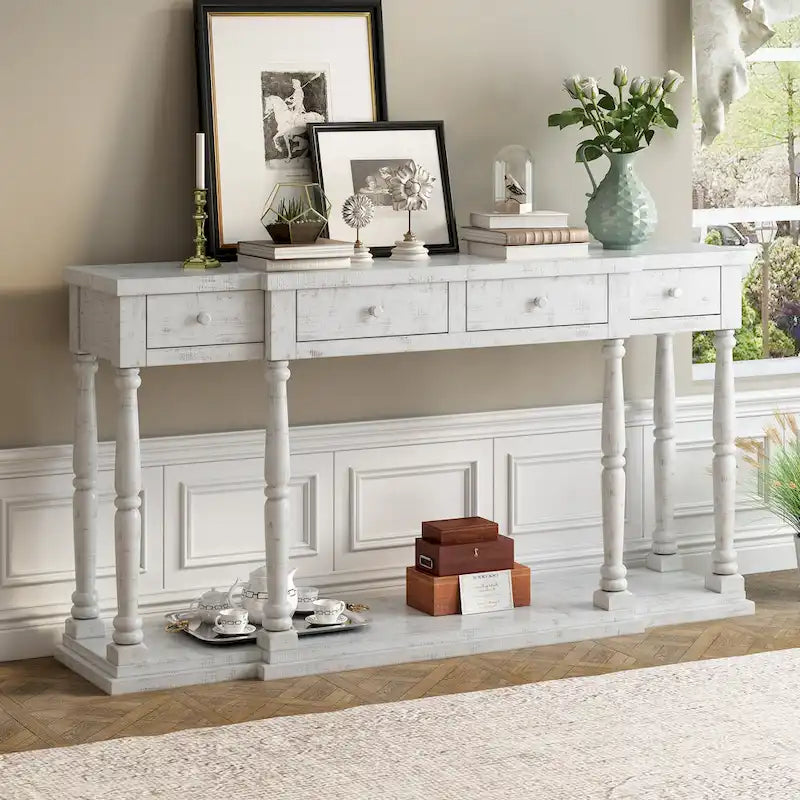Retro Console Table with 4 Front Facing Storage Drawers and 1 Shelf