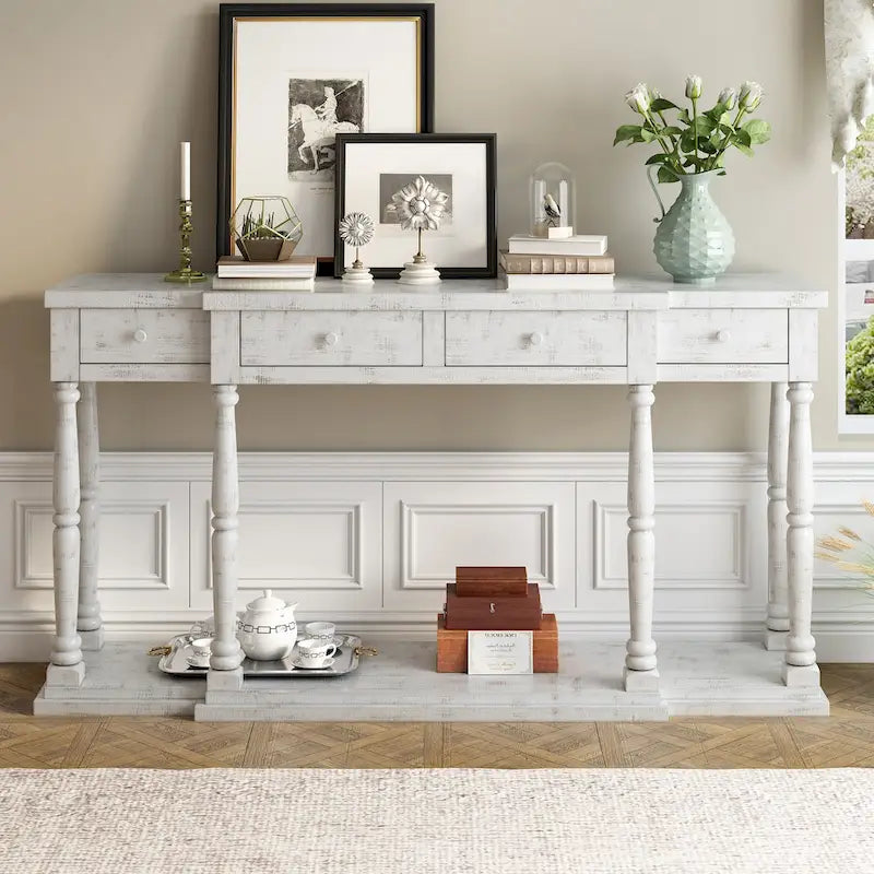 Retro Console Table with 4 Front Facing Storage Drawers and 1 Shelf