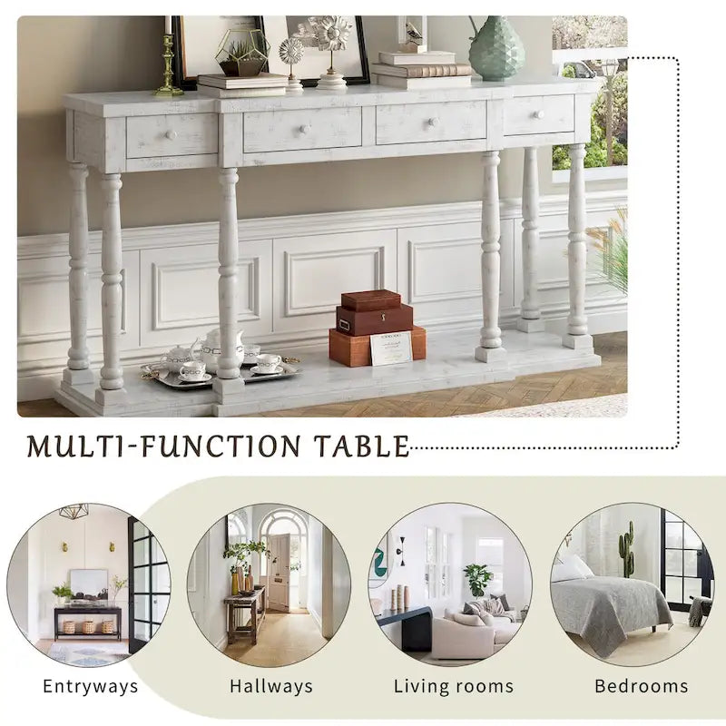 Retro Console Table with 4 Front Facing Storage Drawers and 1 Shelf